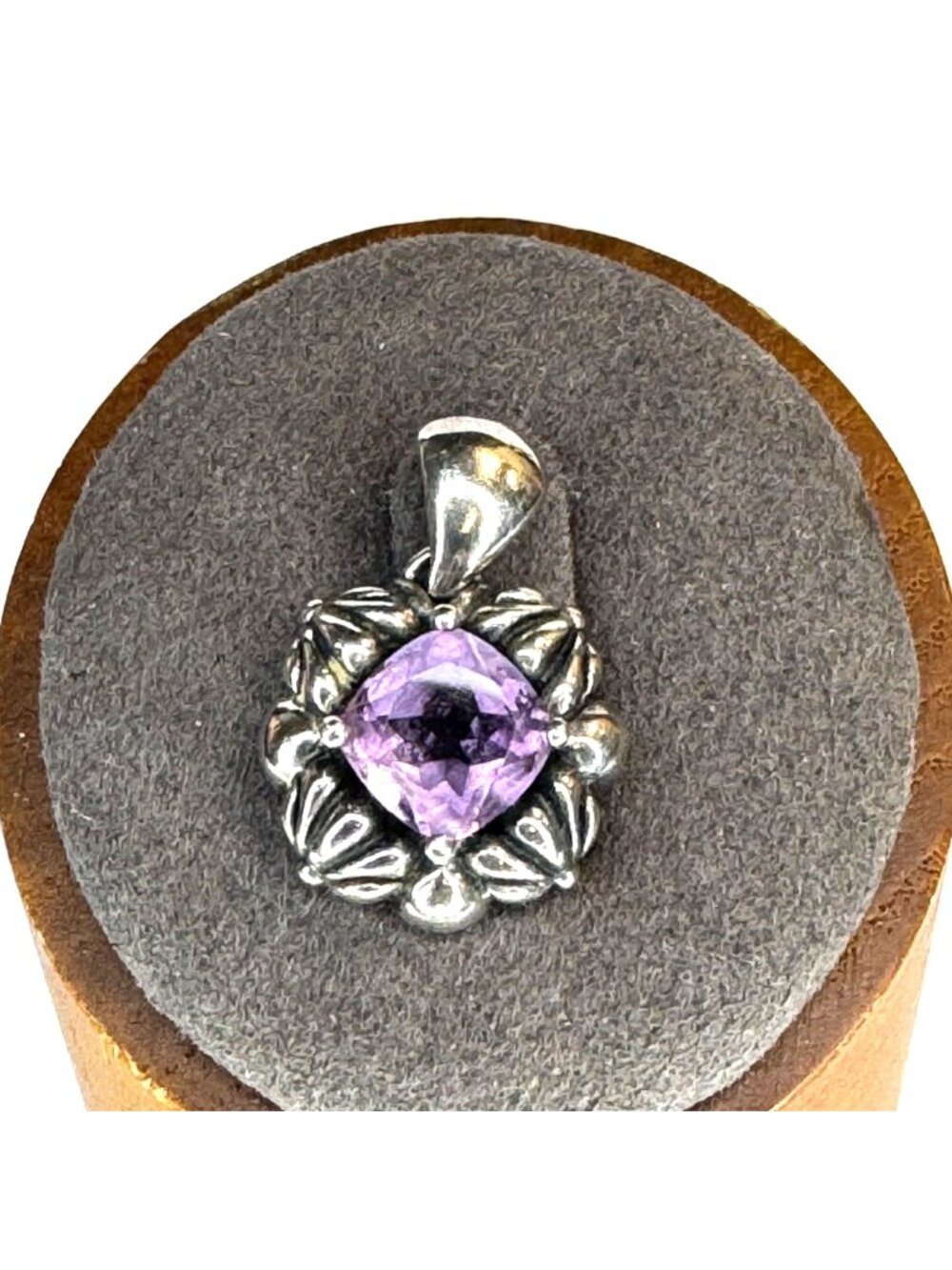 Sterling Silver 925 Amethyst Prong Set Puffed Design Pendant Size 0.75" Length